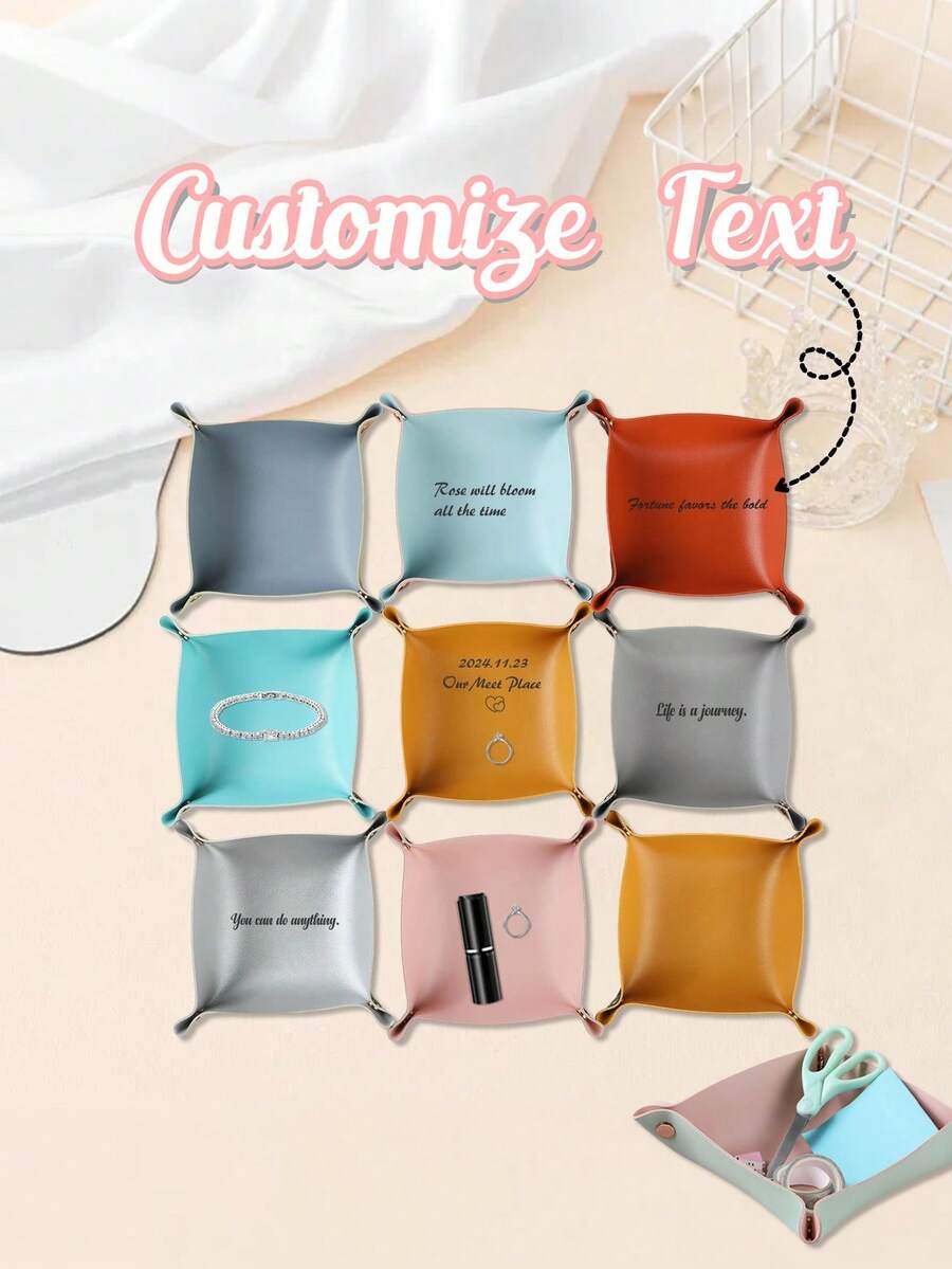 1 Personalized PU Leather Jewelry Tray, Customized Letters And Copywriting, Suitable For Storing And Displaying Keys, Rings, Necklaces, Earrings And Other Accessories, Suitable For The Hallway, Foldable Multi-Functional Storage Box, Equipped With Snap Buttons, Double-Sided Key Tray, Suitable For Console Tables, Travel