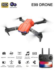 时尚橙色高清航拍遥控无人机E99是一款可折叠四轴飞行器，初学者也可以轻松操作，一键降落。配备高清双摄像头，采用ABS防摔材质。 - 亮橙色 - 查看 6