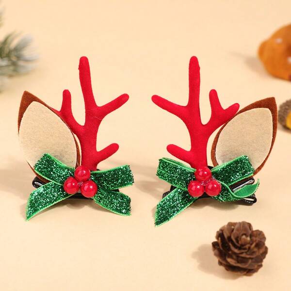 2pcs Christmas Deer Antler & Red Berry Decor Bow Hair Clips, Women Party Accessories