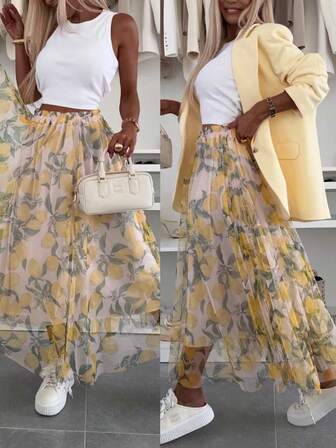 Saia Casual com Estampa de Limão, Moda para Uso Diário e Compras