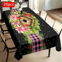 1/20 pièces Nappe de Noël, nappe de fond noir luxueuse avec motif de points rouges d'oiseaux, décoration d'ambiance de Noël, mise en place vibrante de table à manger, convient pour la cuisine, la table à manger, les fêtes, les pique-niques et les dîners en plein air