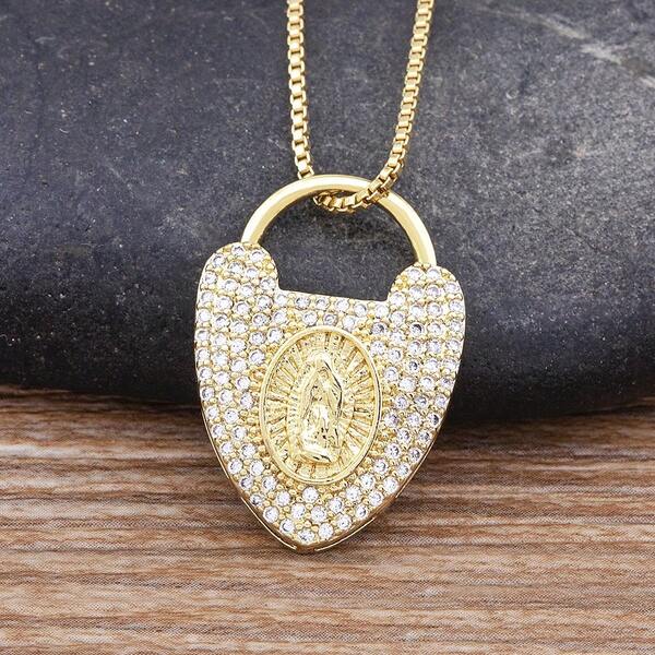 Collana con ciondolo di alta qualità raffigurante la Vergine Maria, impreziosita da cristalli zirconia brillanti, stile religioso femminile, adatta per uso quotidiano e occasioni di festa