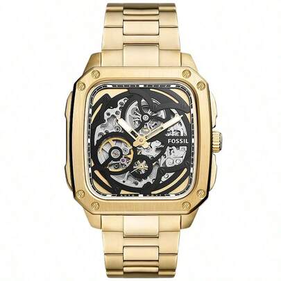 Fossil Đồng hồ nam dây thép vàng, mặt số vàng tự động, thiết kế rỗng, hình vuông nhỏ, thời trang, thích hợp đeo hàng ngày, làm quà tặng cho bạn trai và bạn bè. BQ2573