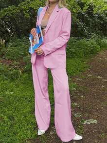 Women's 2 Piece Office Suit Set, Notched Lapel Long Sleeve Blazer With Wide Leg Pants, Mature Elegant Workwear With Pockets, Suits For Woman Set - Hồng - Xem 3