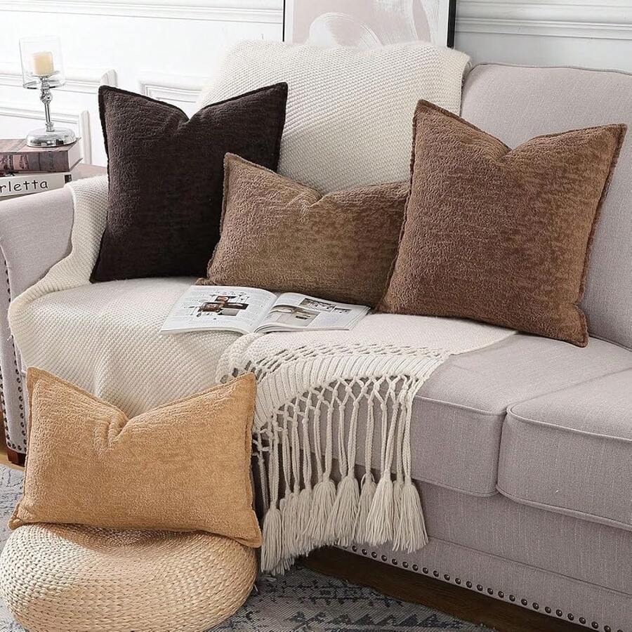 Madizz Juego de 2 Suave Chenilla Decorativo Funda de cojíns de Terciopelo con Borde Neutras Fundas de Almohada Boho para Sofá Dormitorio Salón Verde Cuadrado 50 x 50 cm - Taupe oscuro - Ver 1