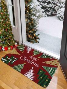 1pc Plaid Christmas Tree Print Doormat, Christmas Soft Velvet Rectangular Non-Slip Absorbent Mat, Suitable For Living Room, Bedroom, Entryway