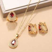 18K Gold Plated Elegant Minimalist Water Drop Jewelry Set, Includes Earrings, Necklace Pendant, Adjustable Ring, Synthetic Cubic Zirconia, Bridal Wedding Fashion Accessories, Suitable For Daily Wear, Christmas, Halloween, Thanksgiving, Valentine's Day, Anniversary
