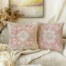 4PCS Bohemian Throw Pillow Covers - 17.7*17.7 Inches, Single-Side Pink Retro Print, Farmhouse Decor For Indoor/Outdoor, Porch, Living Room & Sofa, Machine Washable With Zipper (No Insert)