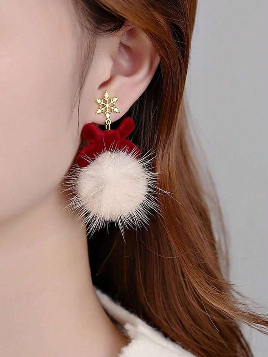 1 对可爱百搭的圣诞雪花绒球蝴蝶结耳环，适合女性在任何场合佩戴 - 紅色 - 查看 1