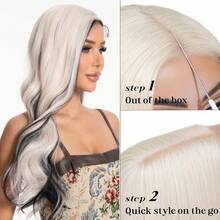 13x4 Body Wave Lace Front Wigs Natural White Hair Lace Front Wig Pre Plucked Synthetic Lace Front Wig 26inch - 黑與白 - 查看 5