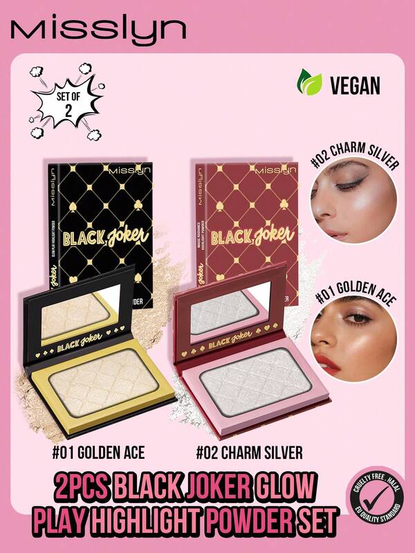 Misslyn MISSLYN - Set de 2 polvos iluminadores Joker Glow Play negros, iluminador iluminador, paleta de 1 polvo iluminador, brillo, rico en pigmentos, fórmula sedosa, brillo natural, iluminador, ligero, bronceador facial de larga duración, paleta de iluminadores faciales, maquillaje de contorno