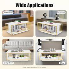 Modern White&Gold Rectangular Coffee Table (39.4*19.7*15.7in), Iron+MDF(PVC Veneer, Marble Pattern), High Gloss Surface, 55.12lb Load, 2 Tiers(Large Storage), Guardrails(Anti-Fall), For Living Room/Sofa Side/Office - 金色,白色 - 查看 11