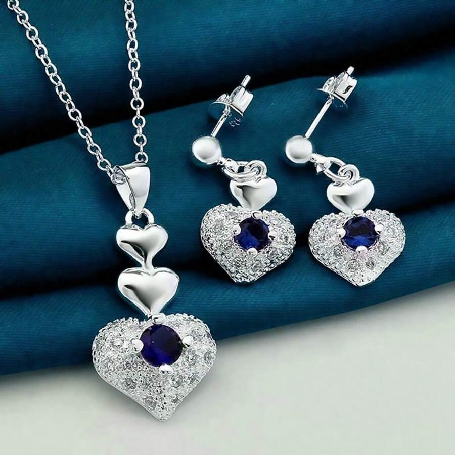 2Pcs Elegant 925 Sterling Silver Plated Inlay Blue Zirconia Heart Earrings Necklaces Set Thanksgiving Gift For Women Wedding Engagement Party & All-Season Jewelry - Silver - View 1