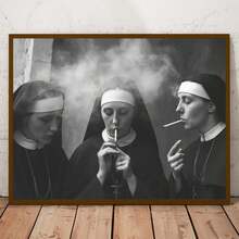 Nuns Smoking Poster: Black And White Art, Vintage Wall Art, Funny Wall Art, Frameless Canvas Poster, Suitable For Living Room, Bedroom, Office, Bathroom, Kitchen, Spring And Winter Seasons, Indoor Use, Ink Art Medium, Pure Color Pattern