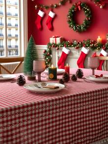 1pc Red Plaid Woven Tablecloth, Vintage American Country Style With Tassel Design, Suitable For Kitchen, Coffee Table, TV Cabinet, Entryway, Versatile For Daily Use, Holidays, Christmas, Home Decor, Family Gatherings, Birthday Parties, Weddings, Banquets - Red - View 7