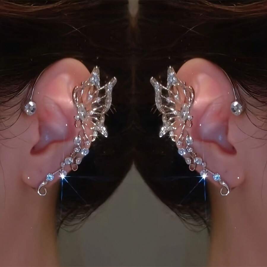 2 Pieces Hypoallergenic Copper Shiny Butterfly Earrings Climbing Earrings - Fairy Wing Design, December Birthstone, Synthetic Stone, No Piercing Needed, Suitable For Parties And Special Occasions, Special Occasion Jewelry - 銀色左耳 + 銀色右耳 - 查看 1