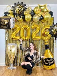 10件組新年快樂鋁箔氣球套組，包含金色2026、紅酒瓶、香檳杯、3D方形氣球、五角星鋁箔氣球，適用於2026新年、生日、畢業、攝影道具、節日裝飾 - 彩色 - 查看 3