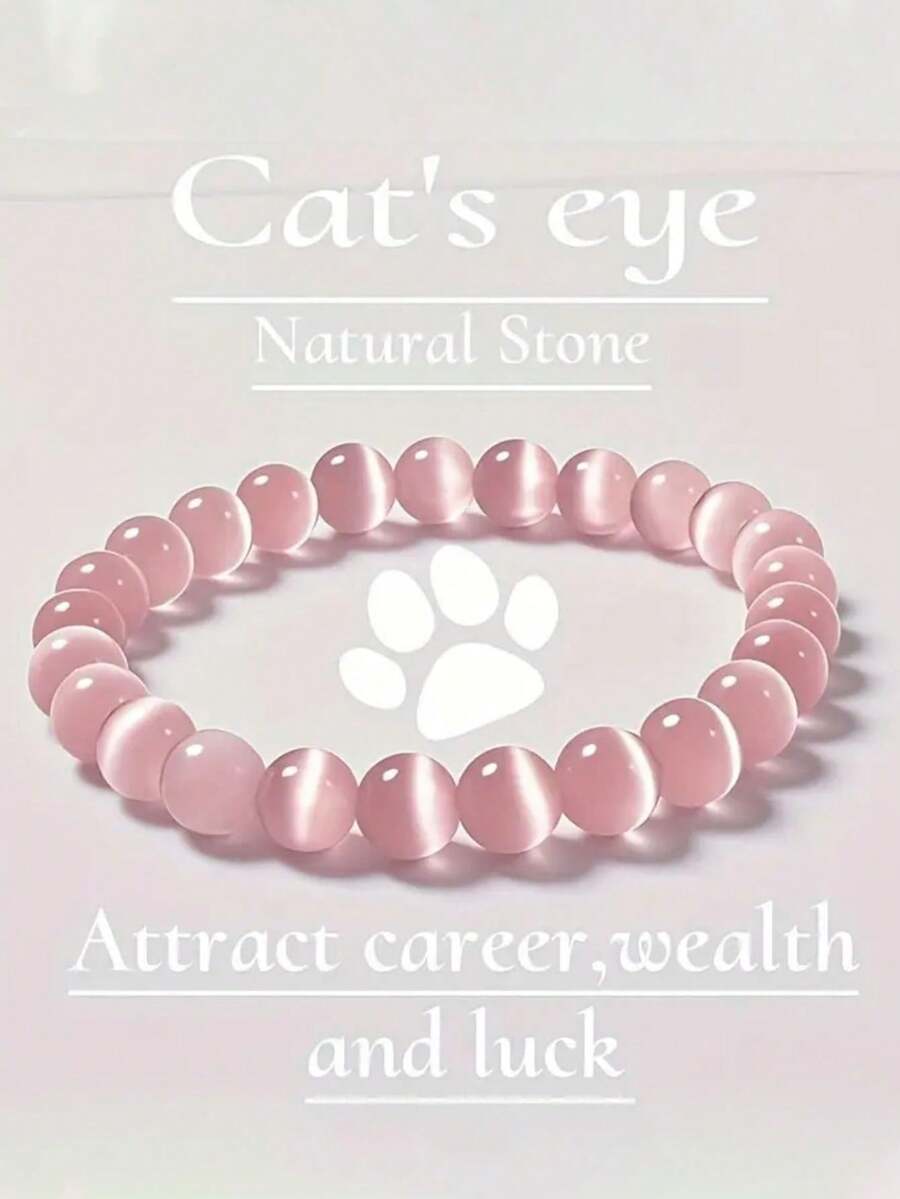1pc Elegant & Cute Style Pink & White Cat Eye 8mm Beaded Bracelet, Adjustable Women Jewelry, Daily Accessory, Mother's Day/Holiday Gift, Perfect Present - Multicolor 4 - View 1
