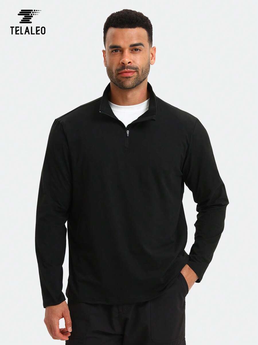 TELALEO Men's Long Sleeve Tops Dry-Fit Active Quarter Zip Long Sleeve Athletic Fall Fashion Outfits Workout Sweatshirts Winter Zip Up Casual Pullover - 黑色 - 查看 1