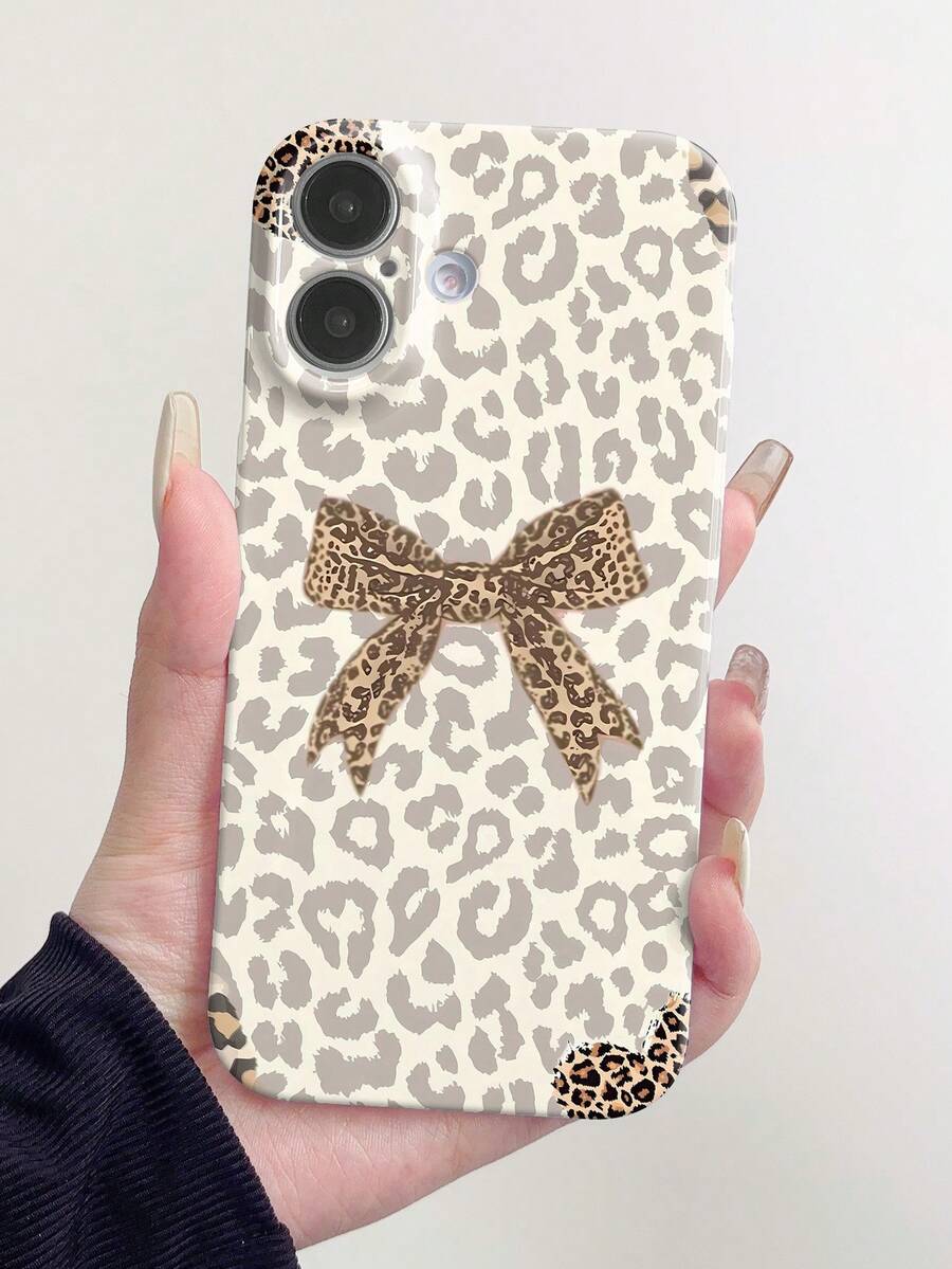 Bow-Knot 1pc Leopard Print Bow Design PC Glossy Protective Phone Case Compatible With Iphone 11, 12, XR, 13, 13 Pro, 13 Pro Max, 14, 14 Pro, 14 Pro Max, 15, 15 Pro, 15 Plus, 15 Pro Max, 16, 16 Pro, 16 Plus, 16 Pro Max, 16e