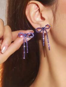 Retro Shining Tassel Club Bowknot Crystal Rhinestone Earrings Stud Wedding Party Graduation Jewelry 1 Pair - Silver - View 27