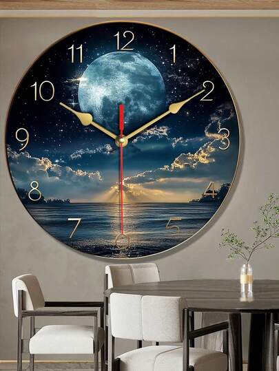 Pc 10 Inch/12 Inch Moderne Wood Wand Klok Moonlit Night Sky 2D Flat, Classic Golden Numbers, Mounted, Multipurpose Home Or Office, Nighttime scape Durable Clock, Room
