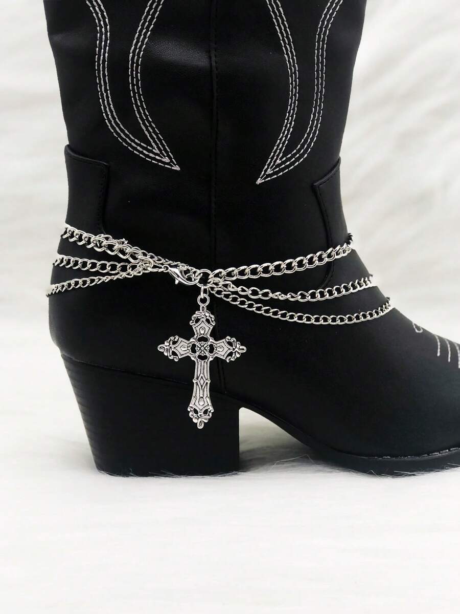 银色哥特式十字剑靴装饰链 - 独特的西部鞋 DIY 装饰，适合女性乡村节日、嬉皮士和牛仔靴配饰