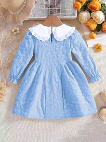 Sunny & Vibrant Girls' Dress, Floral Applique Peter Pan Collar Loose Solid Color Dress, Suitable For Casual, Party, Daily Wear - 藍色 - 查看 4
