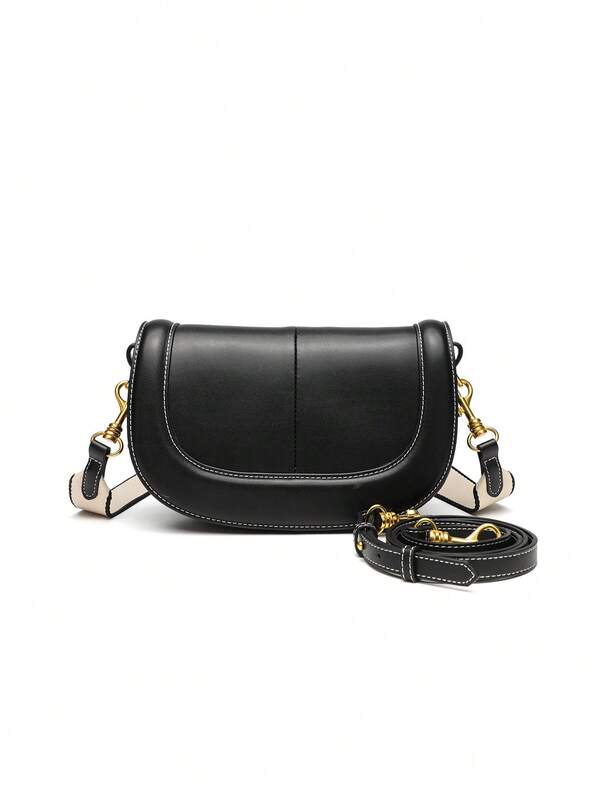 Black Crescent Moon Saddle Bag, Women's Crossbody Shoulder Bag Smartphone Pouch With Embossed Grain