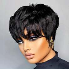 1B Color Short Elf Wig, 100% Human Hair Short Wig For Women, Glueless Short Wig With Bangs, Suitable For Daily Wear And Other Occasions, Short Elf Wig With Layered Human Hair, Quick To Wear And Go - Black - View 8