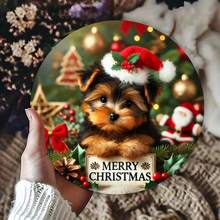 Chiot de Noël avec chapeau de Père Noël, panneau métallique rond de 8x8 pouces, décoration murale pour bar, café, club - impression plate sur métal - décoration festive de Noël - cadeau parfait pour les amateurs de Noël et les passionnés de décoration d'intérieur