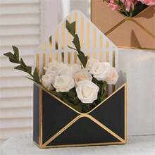 3件套可折叠鲜花礼盒，信封形纸质鲜花礼盒，条纹设计配金色装饰，可折叠手持花束信封盒，拥抱花盒，非常适合婚礼、生日、情人节礼品包装盒，可折叠花束立式花盒 - 彩色 - 查看 2