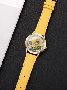 6件套女士礼品套装，雏菊表盘优雅石英表+雏菊饰品，不含表盒 - 黃色 - 查看 9