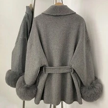 OFTBUY Einfarbige Jacke mit langen Ärmeln, loser Taille, Gürtel, Fellimitat-Patchwork und Wollmischung, lässiger Street-Style für Herbst/Winter und Feiertage - Grau - Übersicht 5