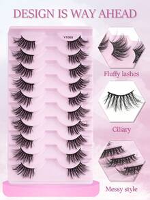 10 Pairs Cat Eye Crossed Eyeliner Style Extra Long 3D Mink Fur Handmade False Eyelashes, Suitable For Girls Daily And Date Makeup Essentials - 黑色 - 查看 1