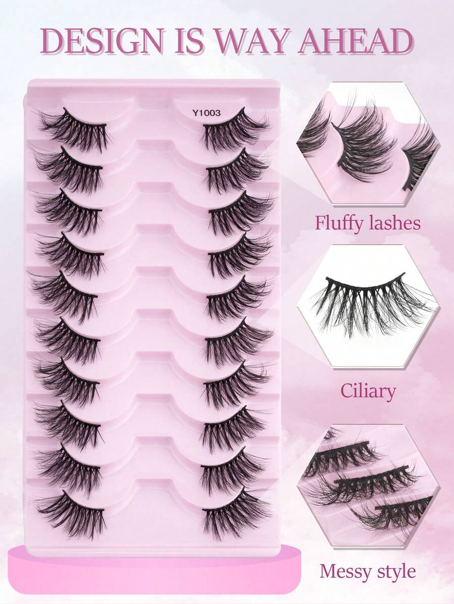 10 Pairs Cat Eye Crossed Eyeliner Style Extra Long 3D Mink Fur Handmade False Eyelashes, Suitable For Girls Daily And Date Makeup Essentials - 黑色 - 查看 1