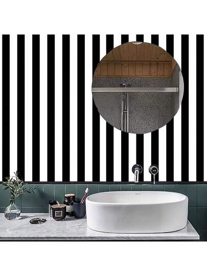 Roll Moderne Minimalist Zwart Wit Gestreepte Removable Wallpaper, Self Adhesive Vinyl Contact Paper Living Room, Bedroom, Office, Kitchen, Bathroom, Furniture Renewal, Desk, Wardrobe Edging Wand Stickers Room Wallpaper Peel Stick view 4