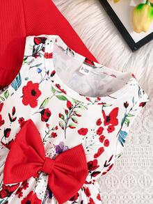 2 件套女婴秋季长袖荷叶边上衣和无袖圆领花卉印花蝴蝶结连衣裙休闲可爱服装适合户外/度假 - 紅色 - 查看 7