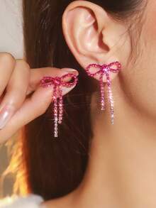 Retro Shining Tassel Club Bowknot Crystal Rhinestone Earrings Stud Wedding Party Graduation Jewelry 1 Pair - Silver - View 20