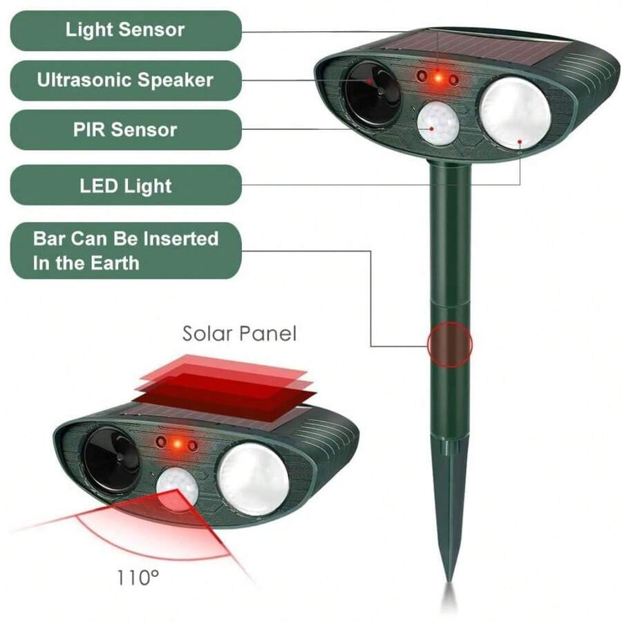 Repelente ultrasónico para gatos con energía solar, repelente de animales de jardín con luz intermitente, sensor de movimiento, repelente de insectos impermeable para perros, gatos y pájaros - Verde Oscuro - Ver 1