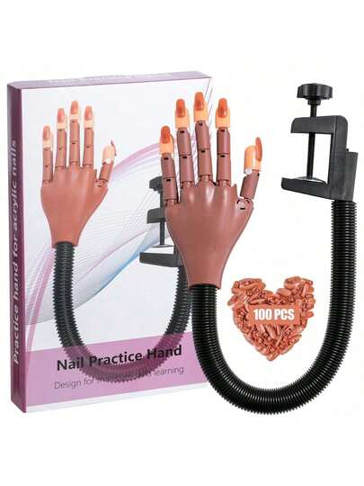 1pack Practice Hand For Acrylic Nails-Fake Flexible Movable Practice Nail Hand Practice For Acrylic Nail Kit, Maniquin Hand For Nail Practice With 100 Pcs Refill Nail Tips