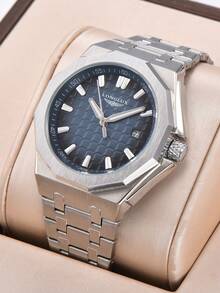 LONGLUX 1pc Men's Automatic Mechanical Watch With Calendar, Butterfly Buckle Steel Strap, Waterproof, Casual & Minimalist - Blue - View 2