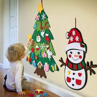1 set Árbol de Navidad de fieltro DIY Max Fun, los accesorios se asignarán de forma arbitraria, adornos talla grande muñeco de nieve para colgar en la pared, kit de manualidades navideñas de fieltro, decoración navideña, suministros para fiestas, regalos, sin luz