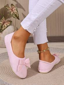 女士蝴蝶结条纹家居拖鞋，透气防滑柔软粉色一脚蹬露背凉鞋 - 淺粉色 - 查看 5