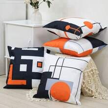 2D, 4 Packs Modern Geometric Throw Pillow Covers - 17.7*17.7 Inches, Black, Orange & Grey Stripe Design, Abstract Grid Pattern Decor For Couch & Bed, Machine Washable With Zipper (No Inserts Included) - Multicolor - View 11