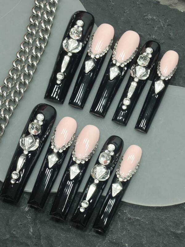 CrystalHola Halloween Nail 10 Pieces Of Pure Handmade Wearable False Nails, Extra-Long Ballet, Black French Style, White Three-Dimensional Diamonds, Rock Chick Style, Suitable For Attending Parties, Music Festivals And Other Activities, Is The First Choice For Girls And Women To Give Gifts.