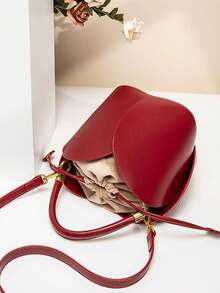 Drawstring Pocket Petal Wine Red New Basket Bucket Bag Niche Design Retro Women's Handbag Ladies Shoulder Crossbody Bag With Anti-Wear Rivets At The Bottom, Suitable For Weddings, Leisure, Daily Social Gatherings And Festivals