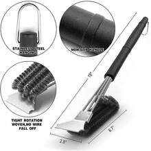 【不锈钢烧烤刷】1个TFS三头不锈钢烧烤刷和刮刀，三层钢丝刷毛清洁刷，适用于户外烧烤工具和烧烤配件 - 黑色 - 查看 6