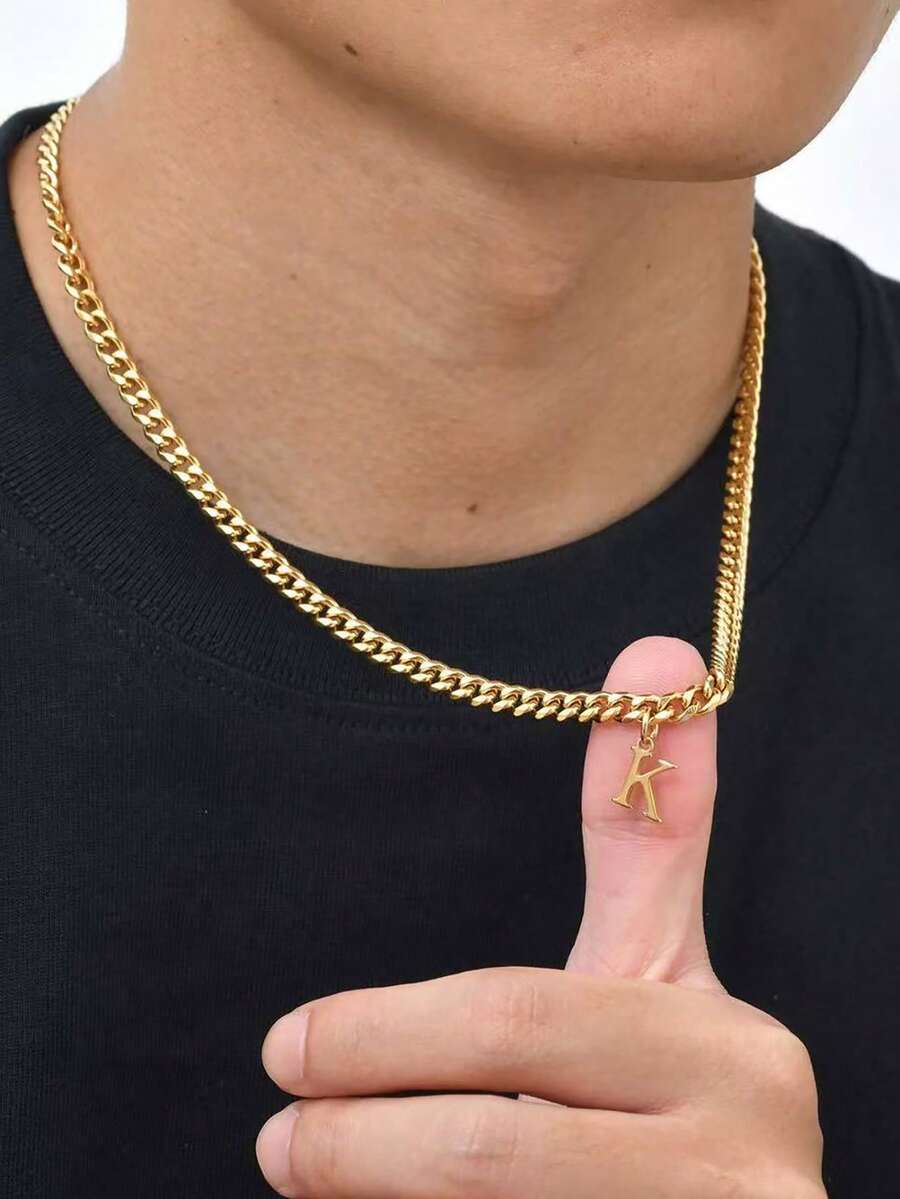 1pc Popular Classic Stainless Steel Letter Pendant Necklace, Men's Style - Gold-26 Letters - View 1