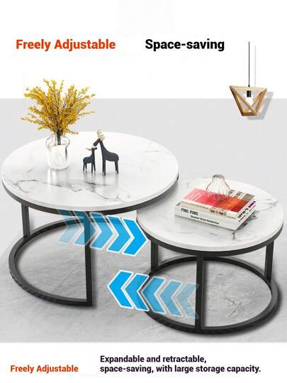 Nesting Coffee Tables, Round Wooden Marble Top, Sturdy Metal Frame, Side Tables Living Room, Bedroom, Balcony Terrace view 7
